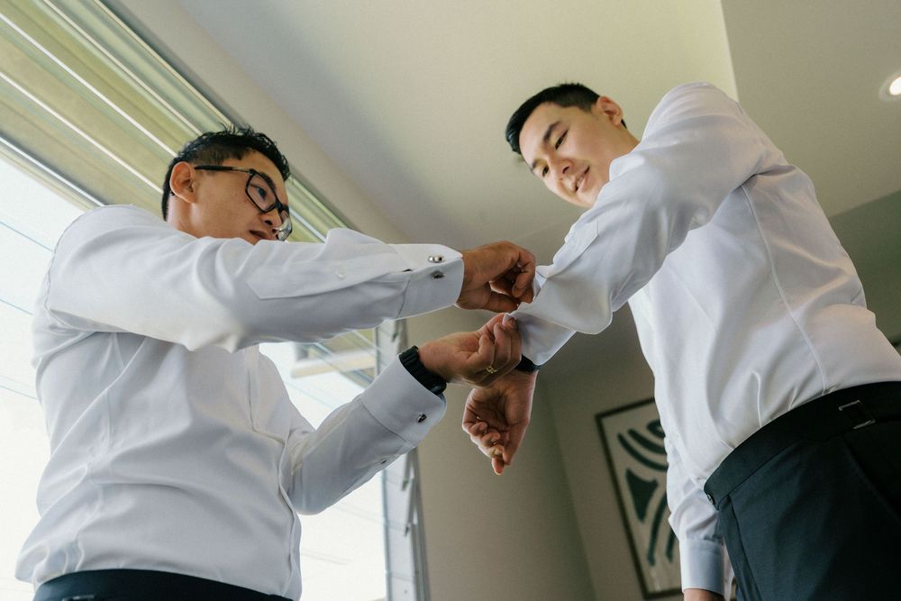 A series of candid moments showing wedding preparations in a bright indoor setting.
