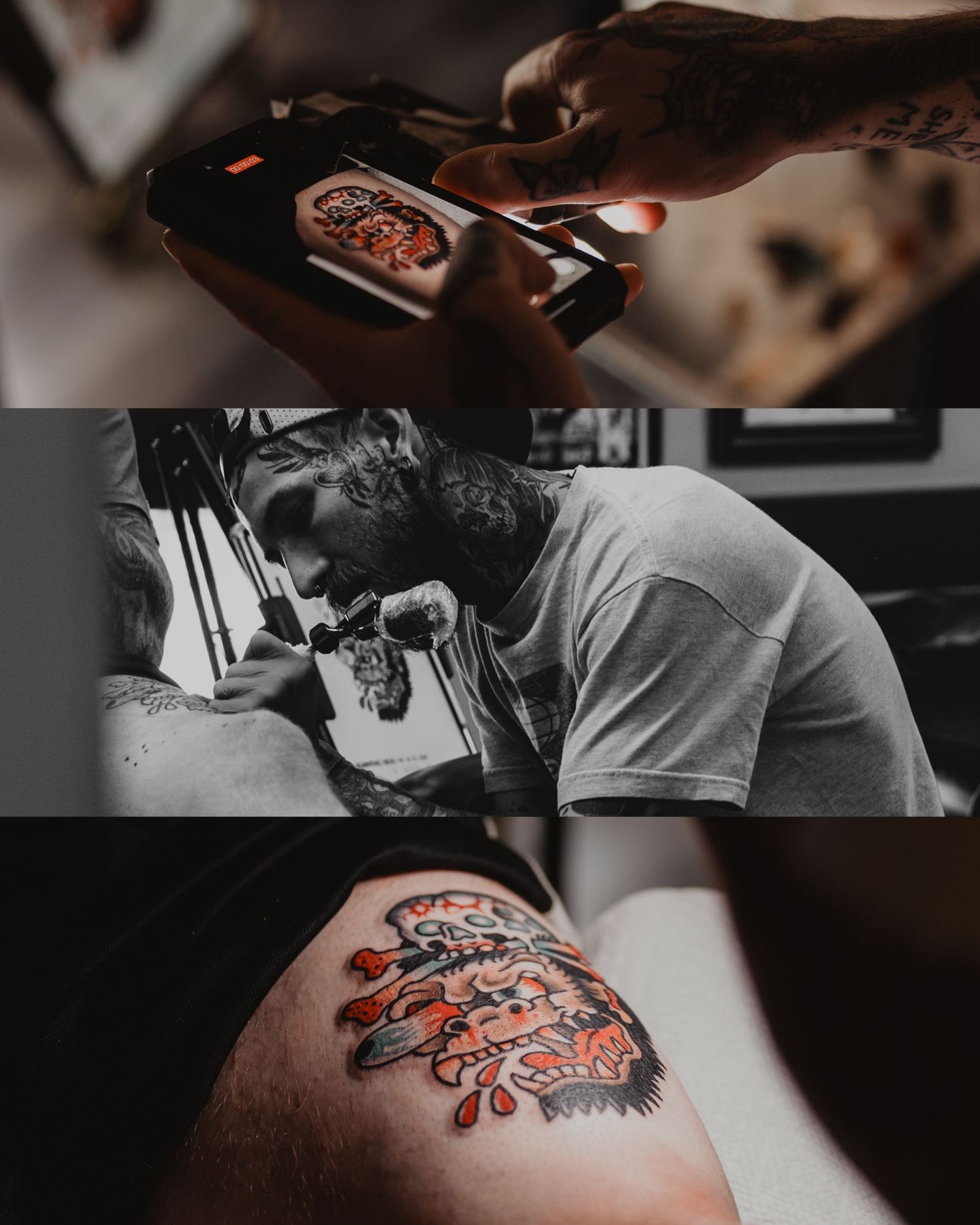 A sequence of tattoo creation photos showing a floral design being inked onto skin.