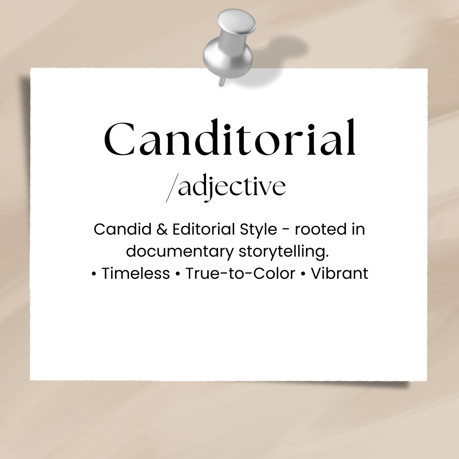 Minimal typography design showing the word 'Canditorial' and text about candid documentary storytelling style.