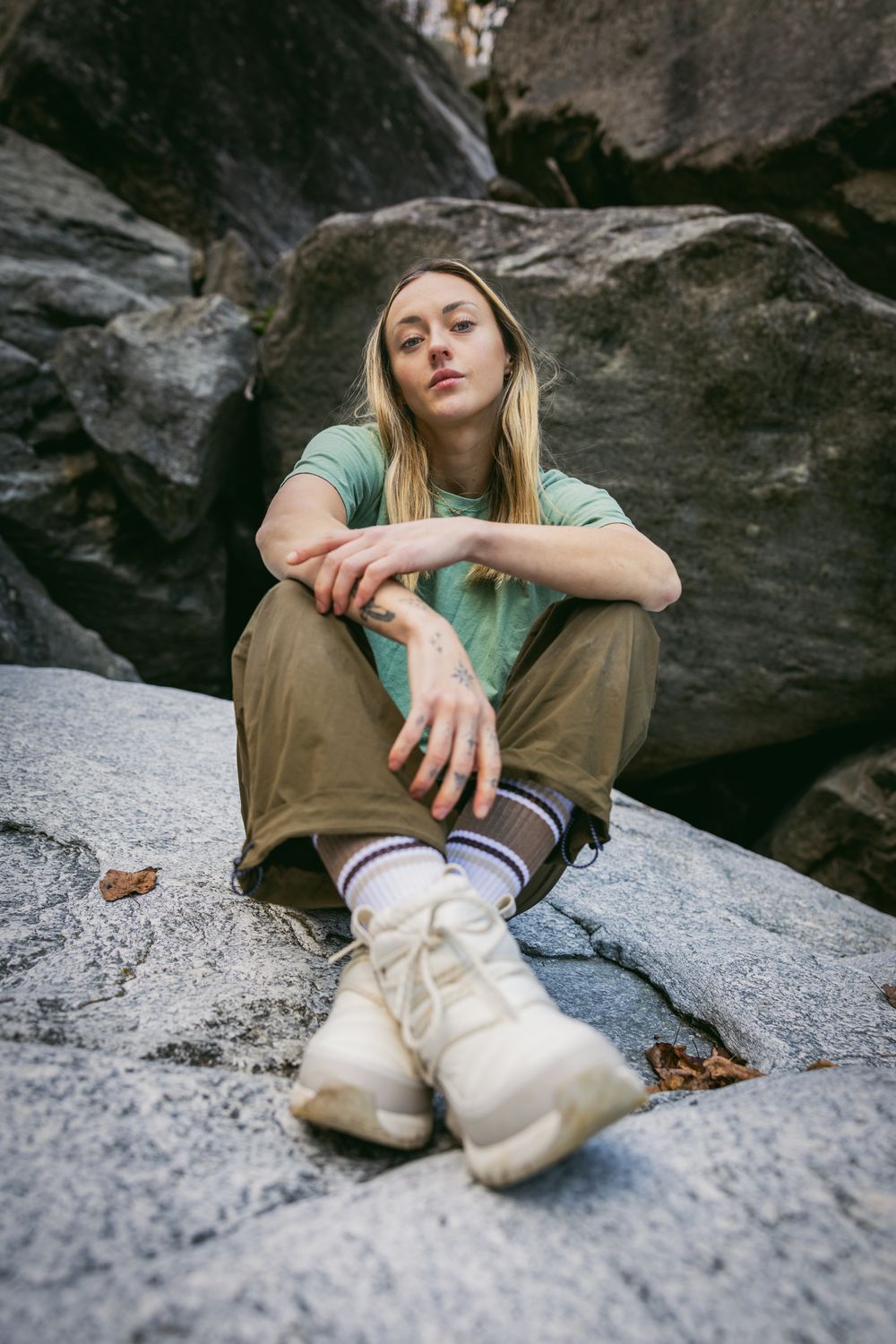 Czech climber Jana Svecova bouldering in Ticino, Switzerland - photo Jan Virt