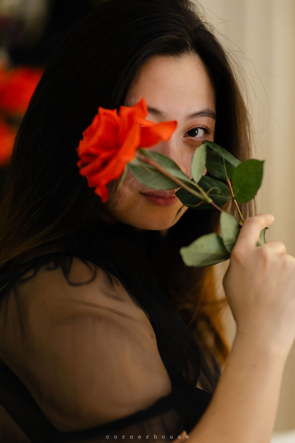 A sequence of dreamy photographs showing someone holding and smelling a vibrant red rose against a dark background.