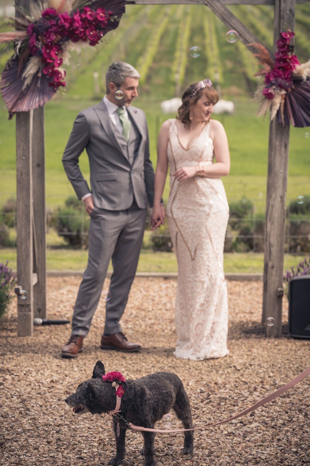 A couple stands under a floral wedding arch decorated with purple flowers while their black dog wears a matching accessory.