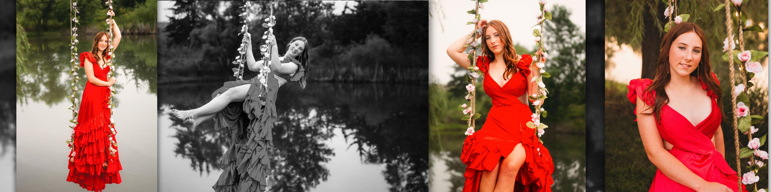 A collection of four outdoor portrait photographs featuring a vibrant red dress against natural backdrops and lighting.
