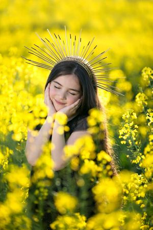 Artistic portrait series amidst vibrant yellow canola flowers with creative radiating line illustrations.