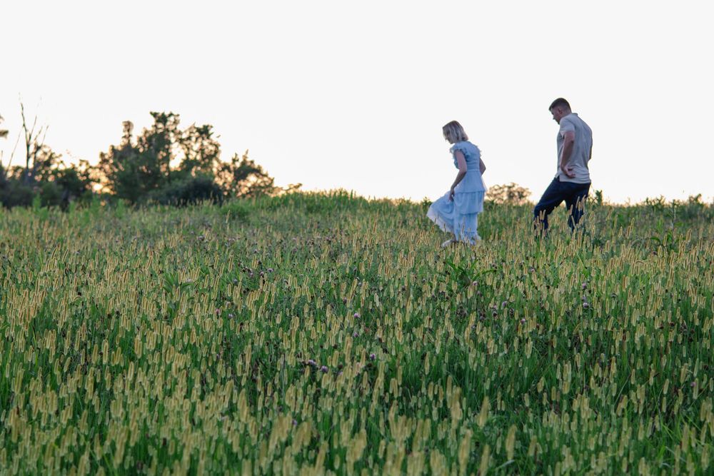 Silhouettes of people walking through a grassy field at sunset.
