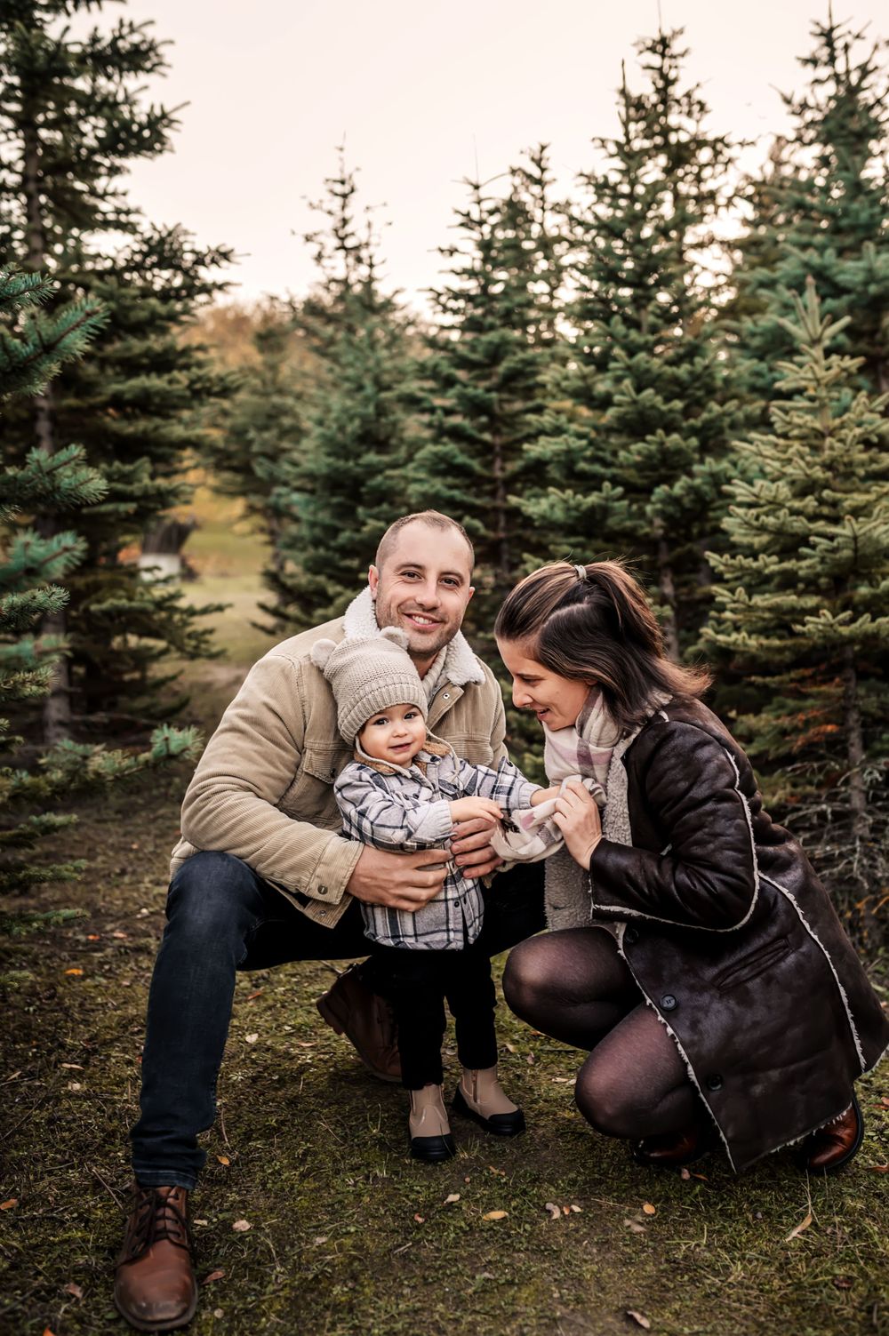 Intimate family moment captured in a pine forest during golden hour.