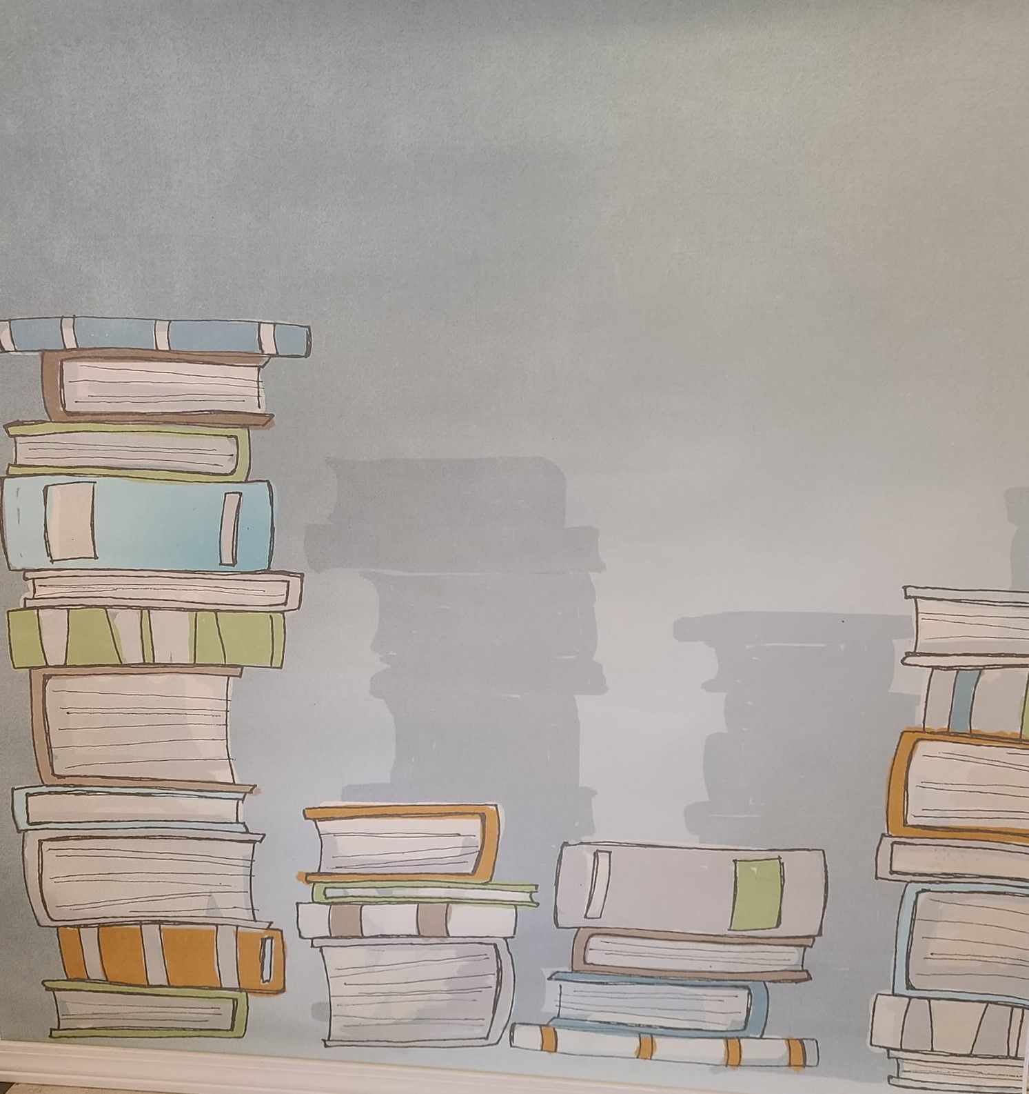 Whimsical illustration of stacked books in pastel colors against a gray background.