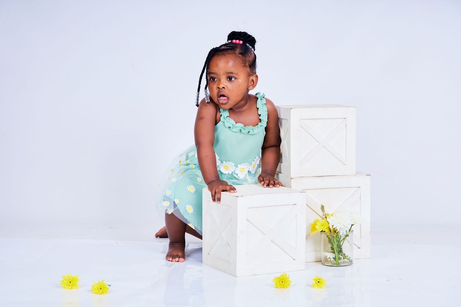 Studio photoshoot with white boxes and yellow rubber ducks as props.