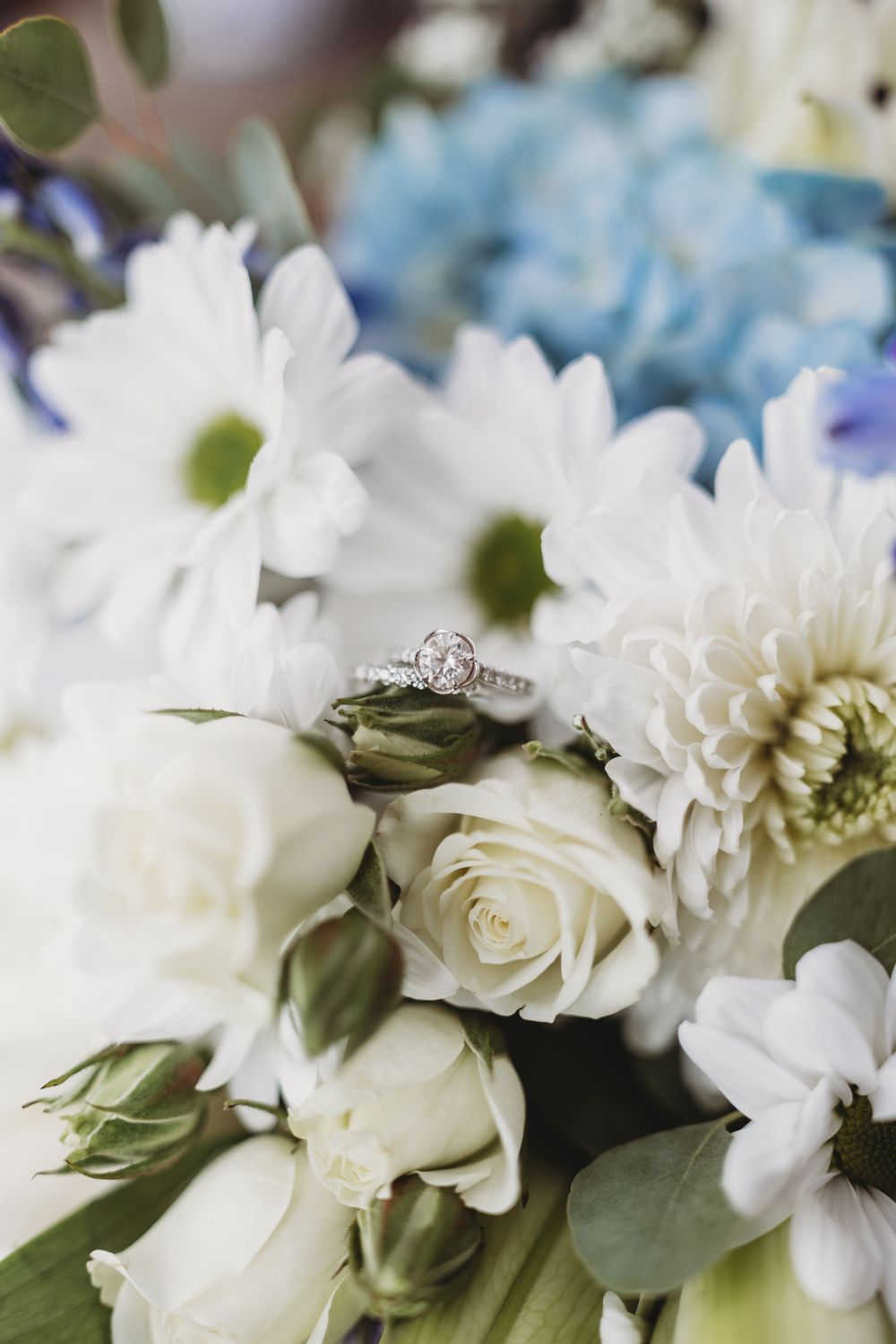 Close-up of diamond engagement ring nestled among white roses, daisies and other delicate wedding flowers with blue accents.