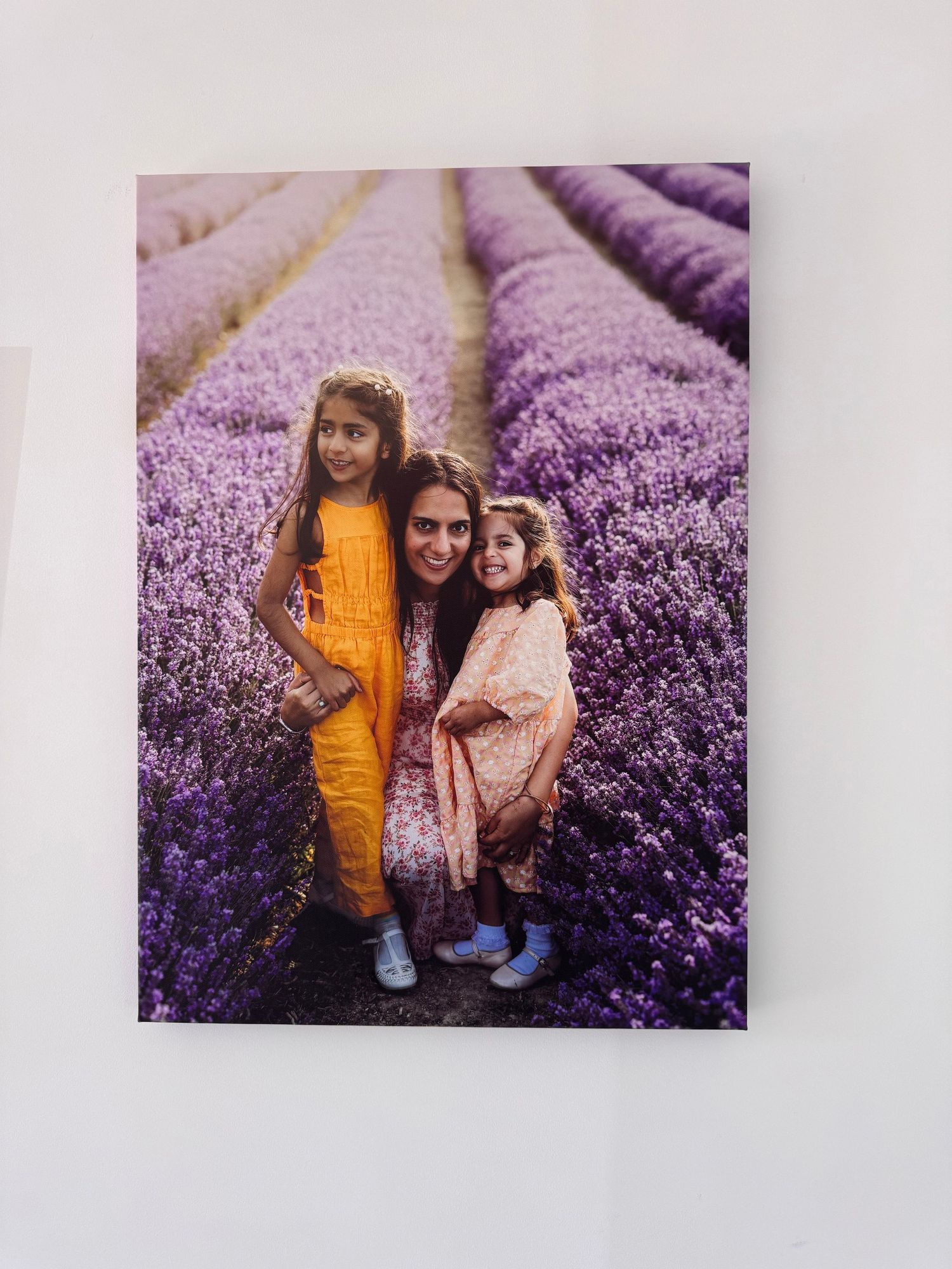 People enjoying a beautiful day in a blooming purple lavender field during golden hour.