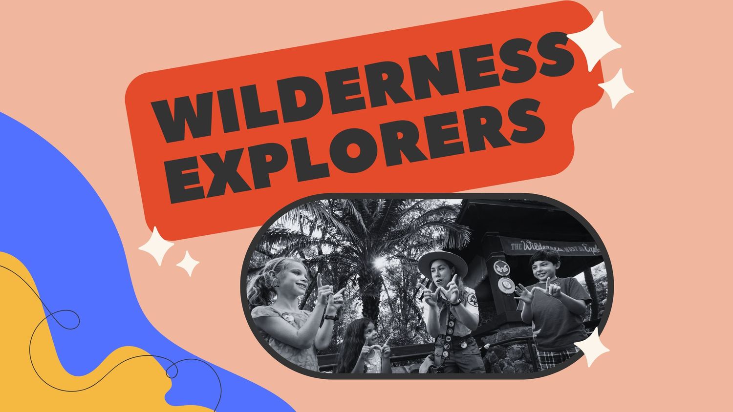 Retro style 'Wilderness Explorers' text with black and white vintage photo inset.