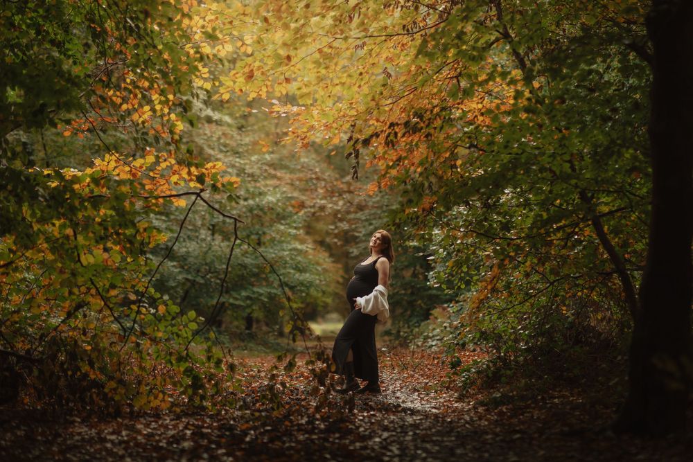 A couple embraces under autumn trees with golden leaves during an intimate engagement photo session.