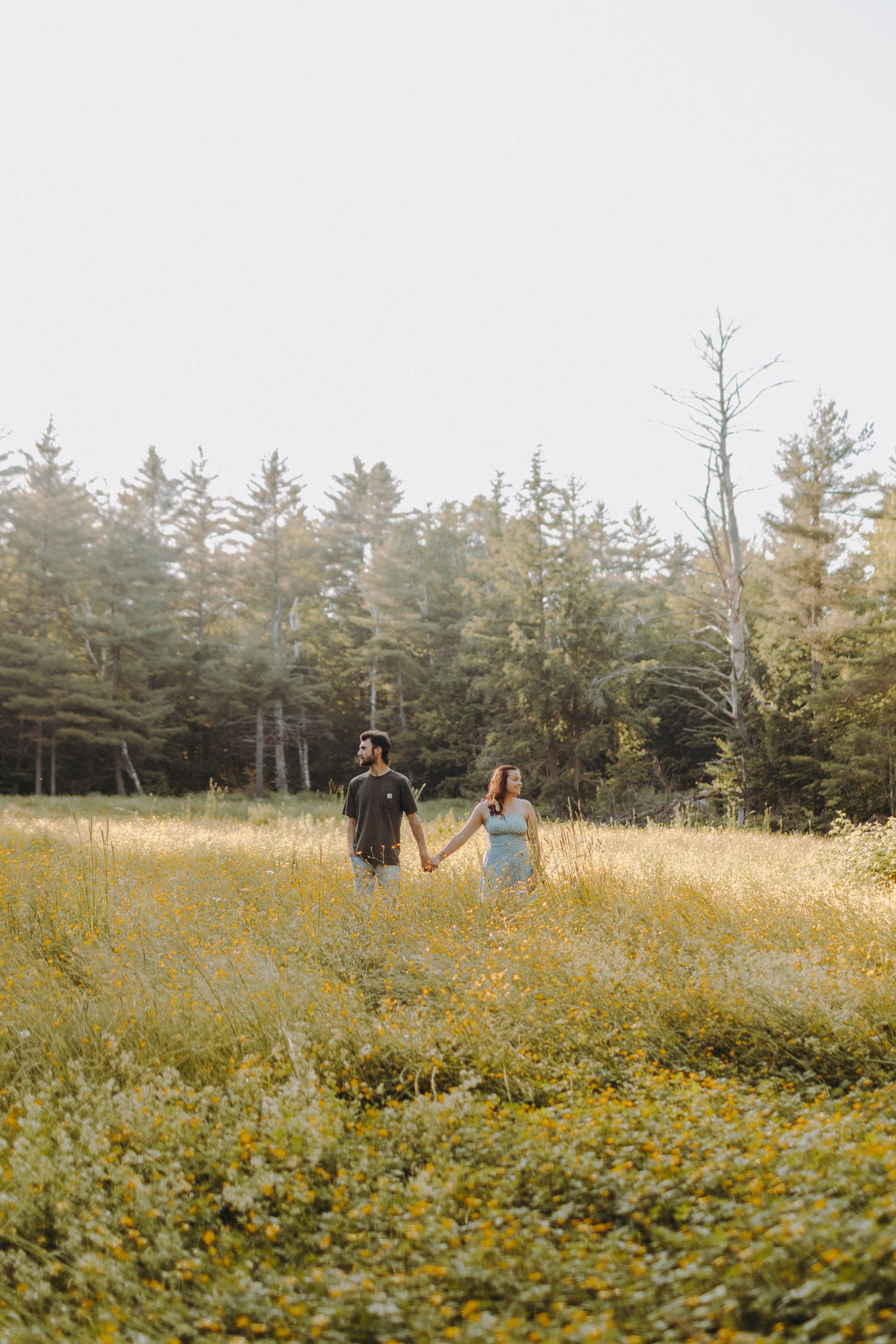 Couple strolling through meadow of yellow flowers with evergreen forest in background.