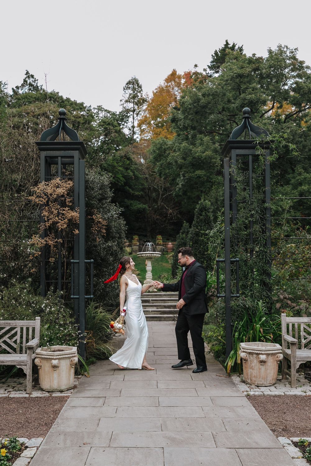 A wedding ceremony sequence progresses from left to right showing a couple in an outdoor garden setting.