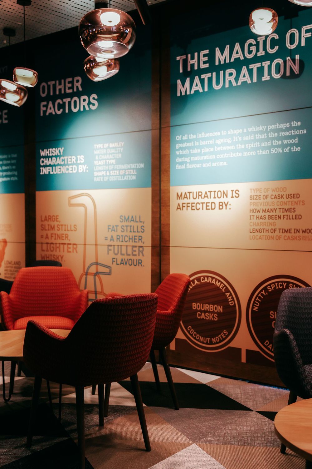 Educational display about whiskey maturation with text panels and moody lighting in a tasting room.