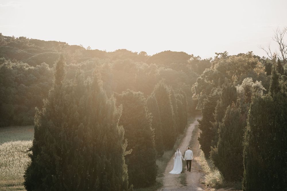 A cinematic outdoor wedding scene with lens flare illuminating silhouettes against a golden sunset.