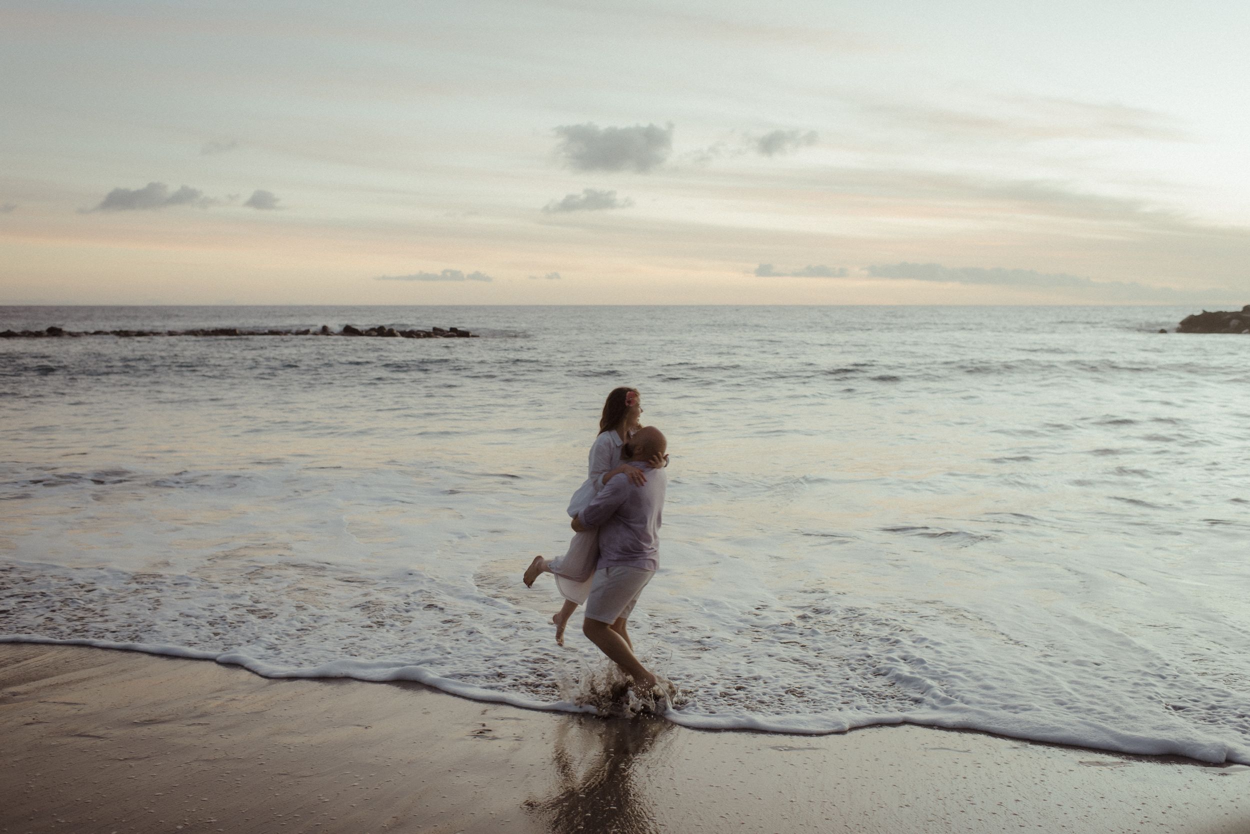 A series of beach photos showing waves rolling onto shore during sunset with silhouettes against the golden sky.