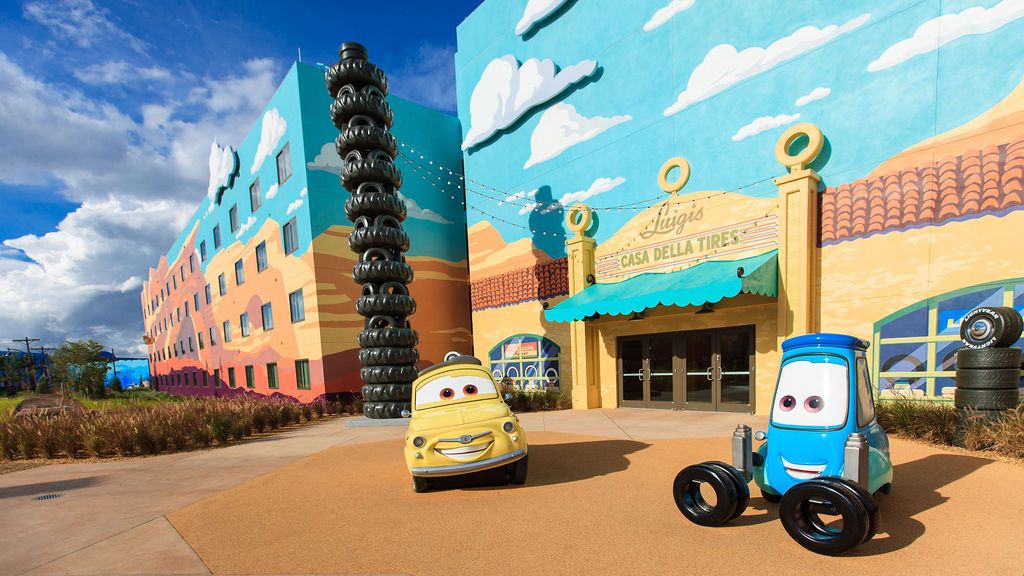 Exterior view of Disney's Cars section at Art of Animation Resort featuring animated car characters.
