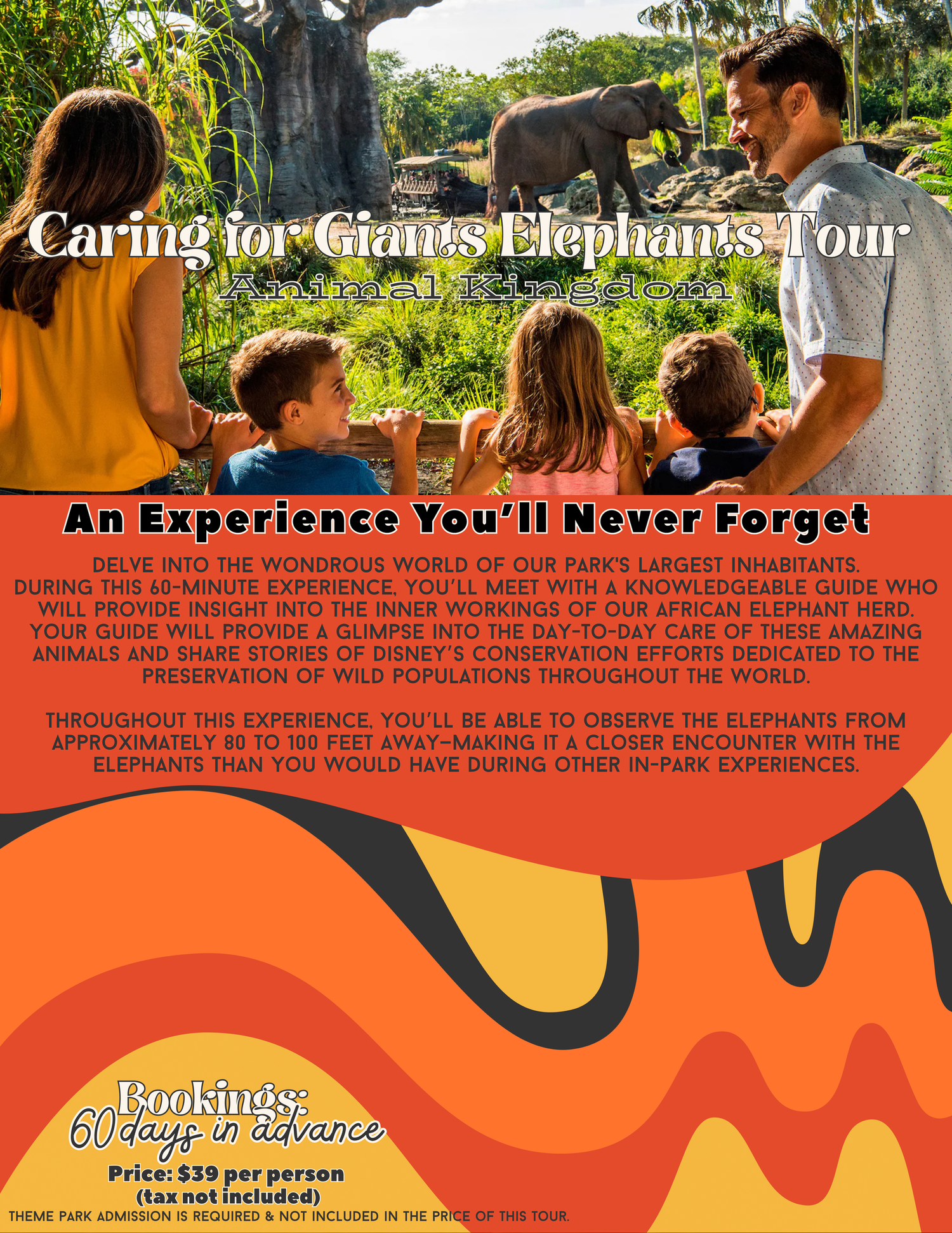 Promotional poster for an elephant care experience at Animal Kingdom theme park with viewing opportunities.