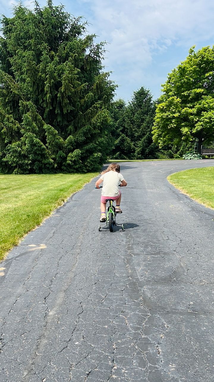 Young child rides bicycle away from camera down a winding paved driveway lined with trees.