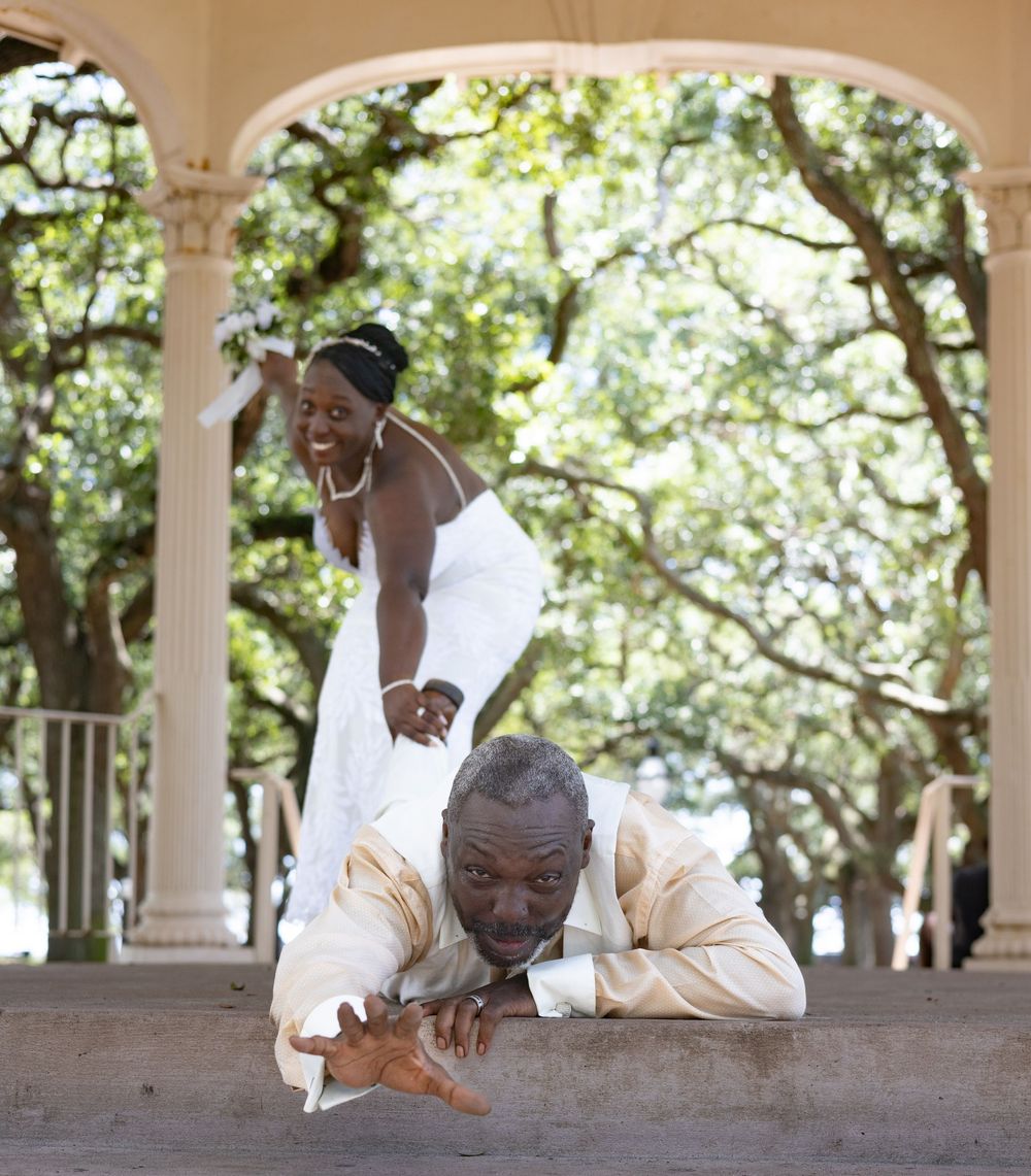 A series of candid moments showing a couple in formal attire on a covered porch with columns.