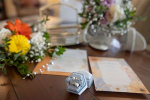 wedding rings in box with details in background