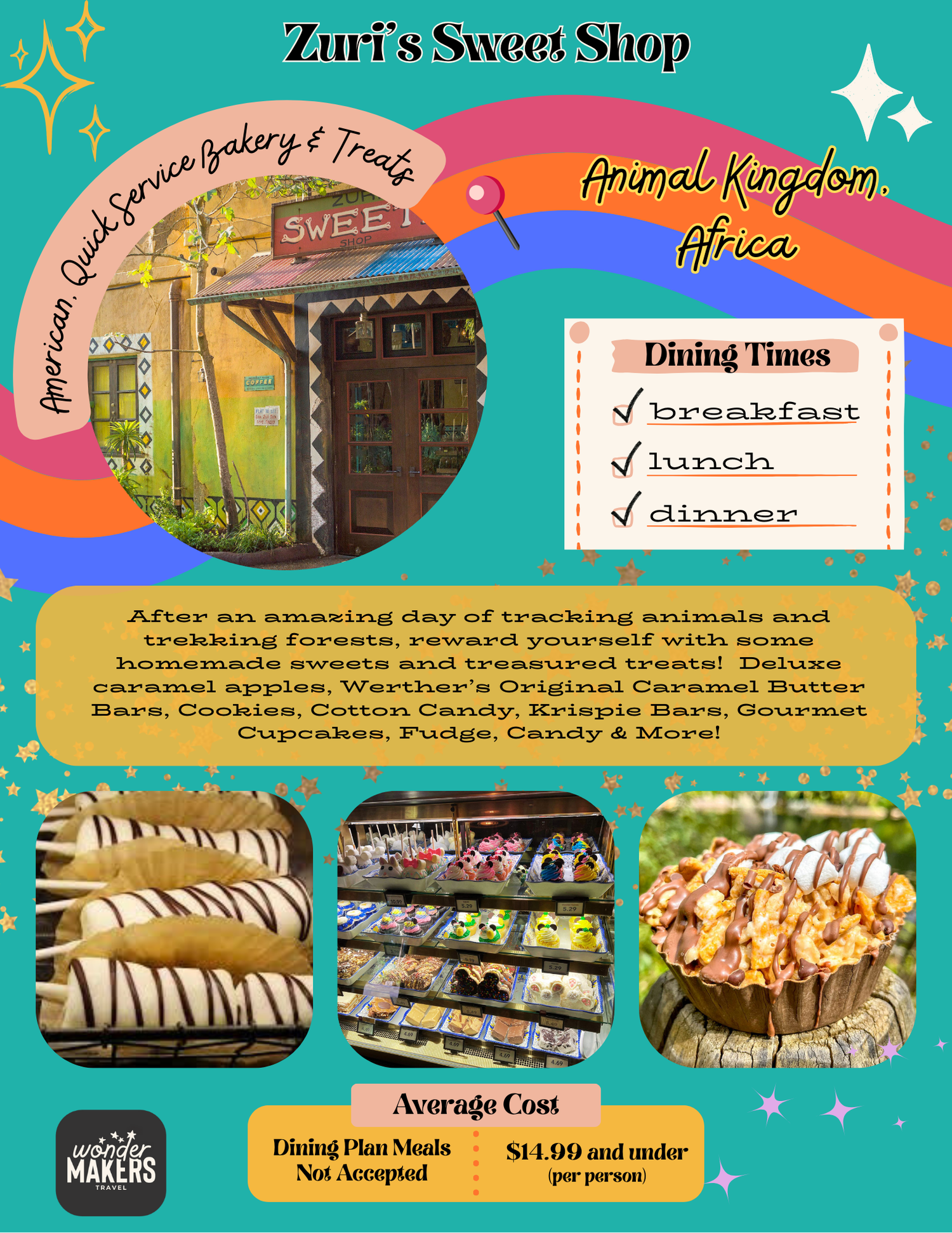 Whimsical illustration of a dessert shop with rainbow arch entrance, menu board and photos of pastries below.