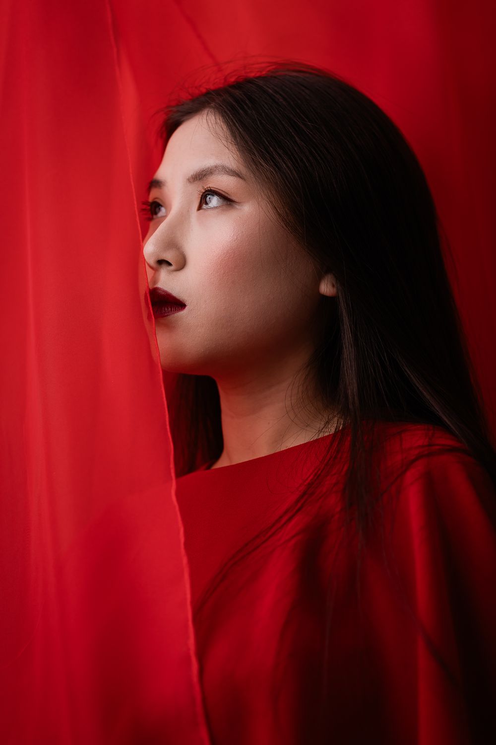 Artistic portrait against red backdrop with dramatic side lighting and matching red outfit creating monochromatic effect.