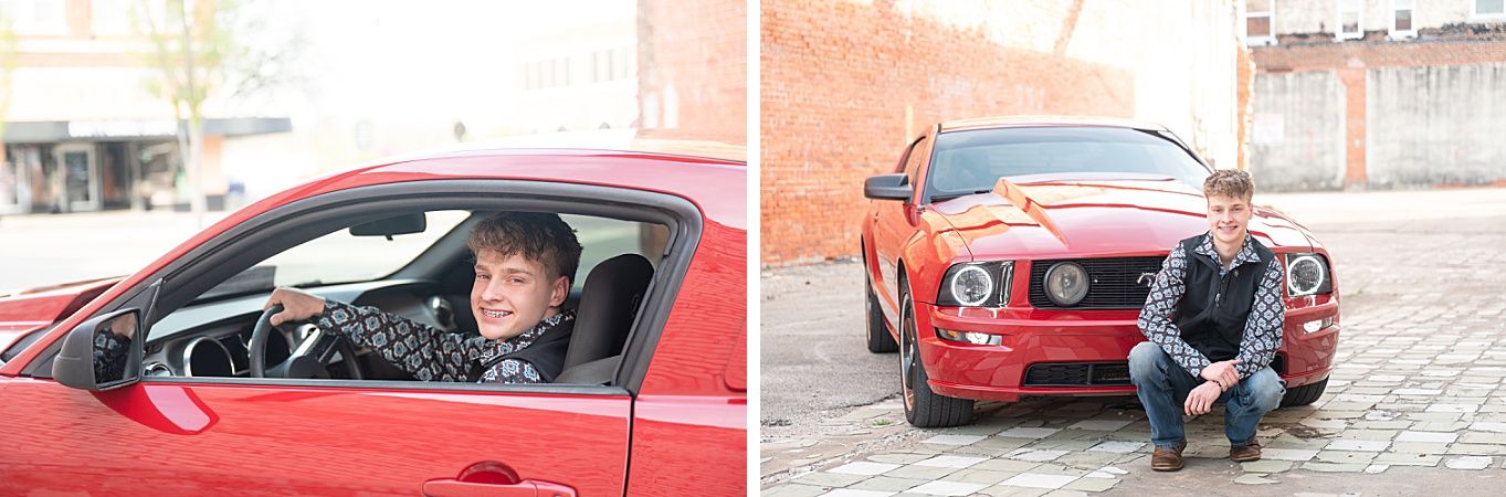 Senior Guy with Red Sports Car in Downtown Bartlesville and Field by Bartlesville Photographer Kristi Bray