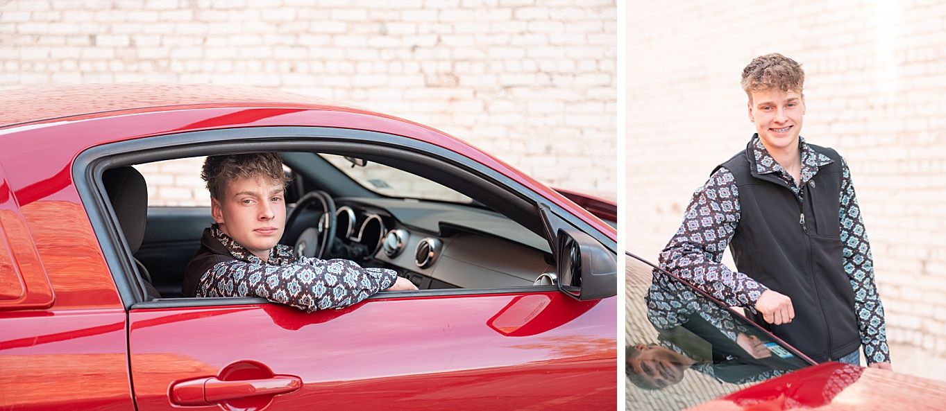 Senior Guy with Red Sports Car in Downtown Bartlesville and Field by Bartlesville Photographer Kristi Bray