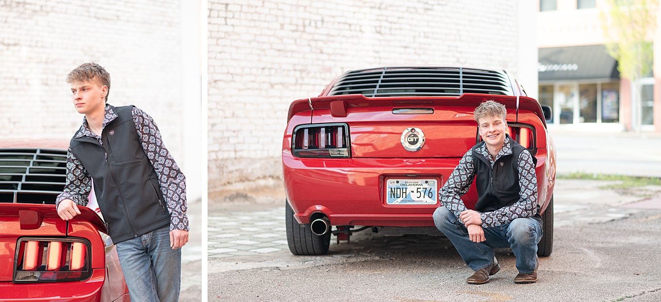 Senior Guy with Red Sports Car in Downtown Bartlesville and Field by Bartlesville Photographer Kristi Bray