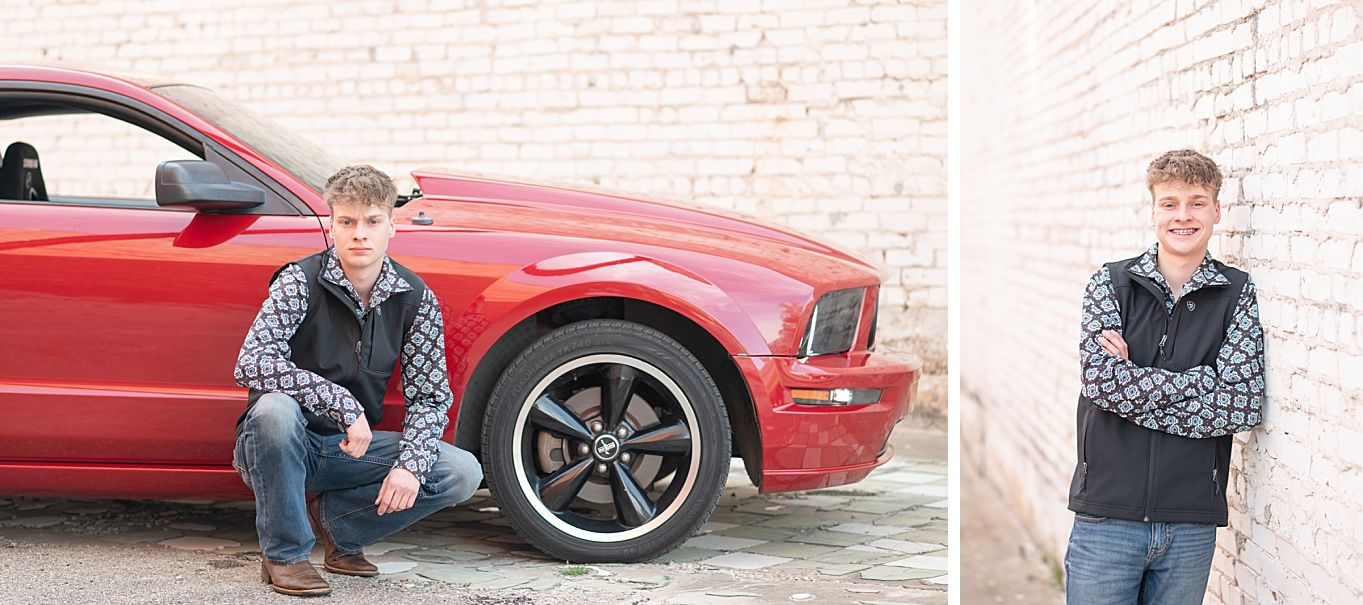 Senior Guy with Red Sports Car in Downtown Bartlesville and Field by Bartlesville Photographer Kristi Bray