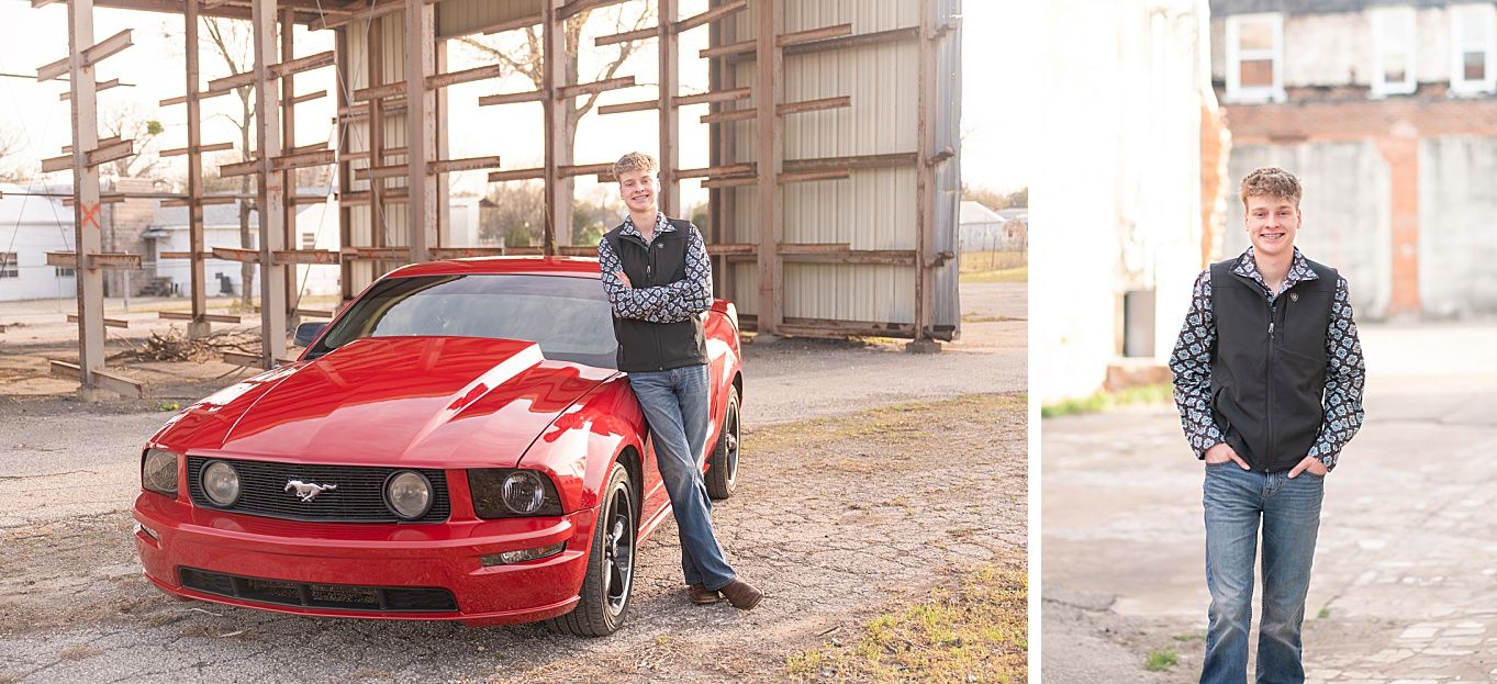 Senior Guy with Red Sports Car in Downtown Bartlesville and Field by Bartlesville Photographer Kristi Bray