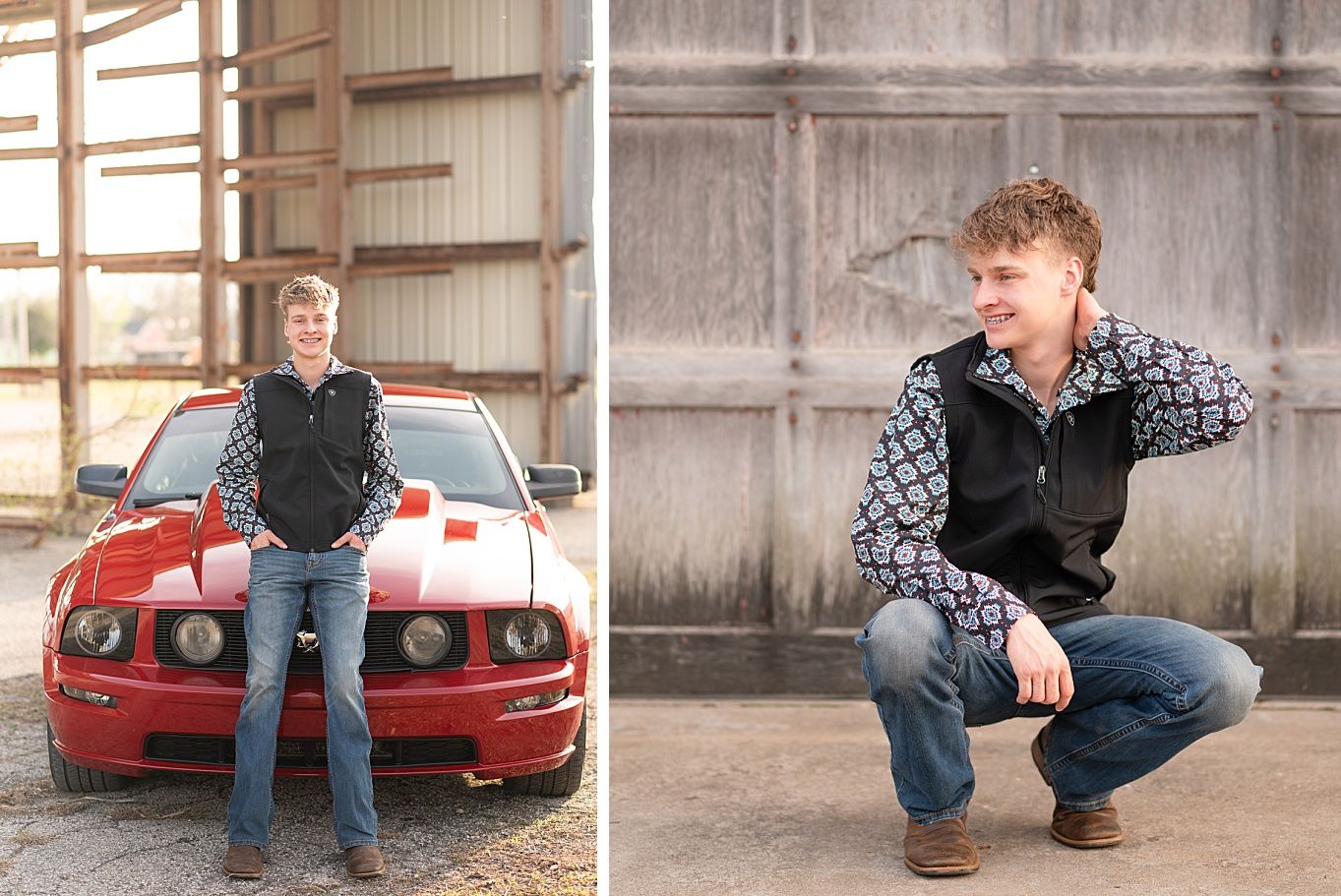 Senior Guy with Red Sports Car in Downtown Bartlesville and Field by Bartlesville Photographer Kristi Bray