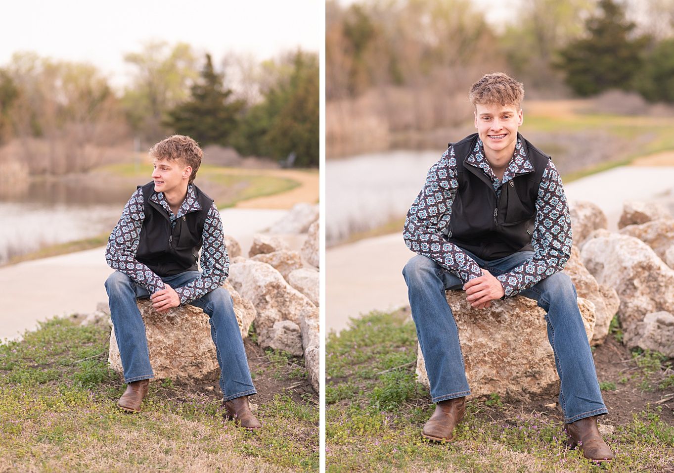 Senior Guy with Red Sports Car in Downtown Bartlesville and Field by Bartlesville Photographer Kristi Bray