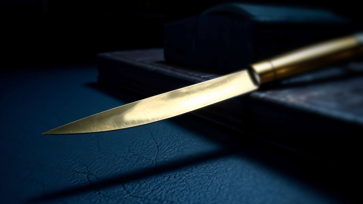 A sharp gold-handled kitchen knife blade gleams against a dark blue background in dramatic lighting.