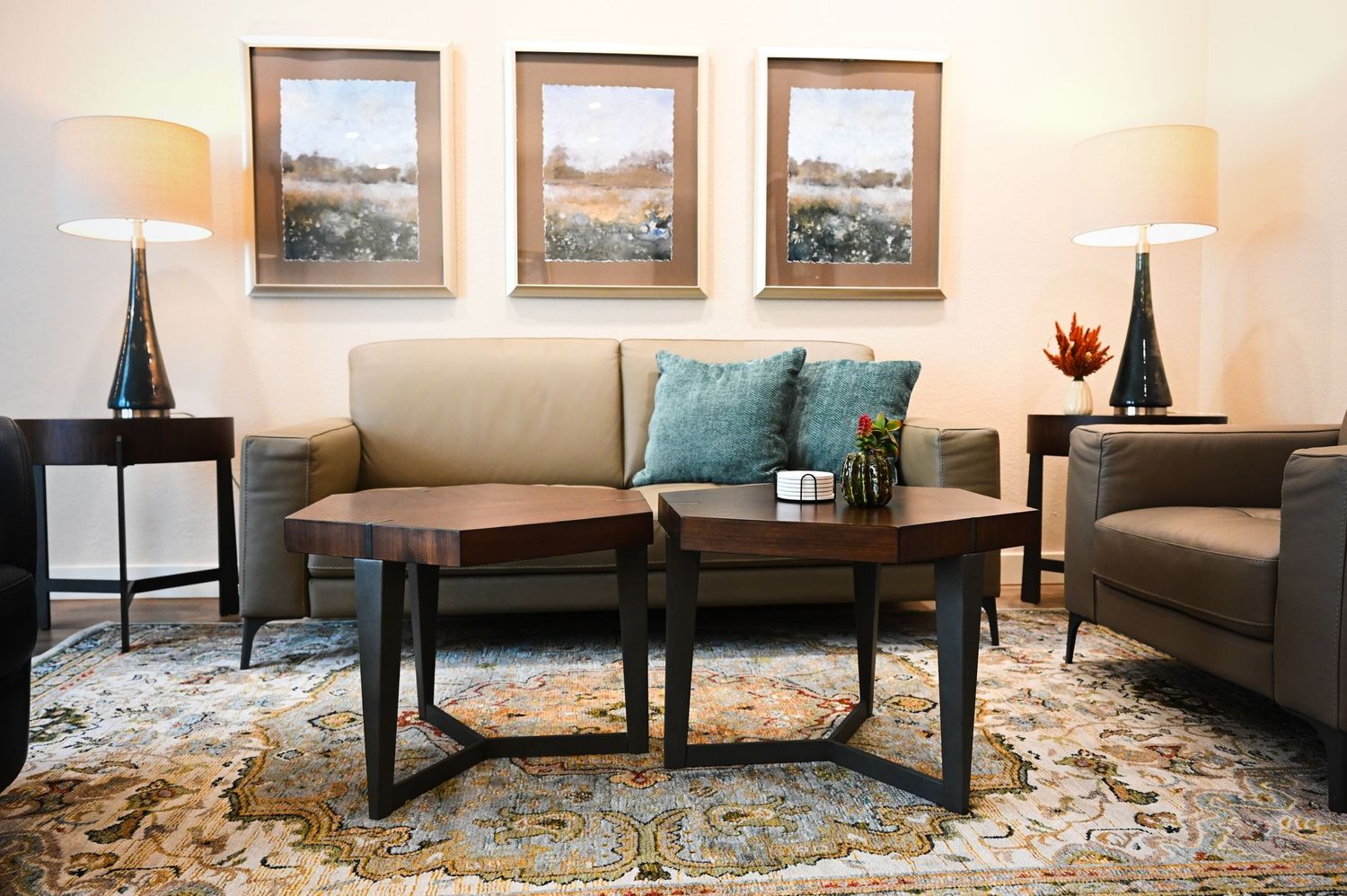 Blending neutrals and soft teals, woods, and interesting textures.
