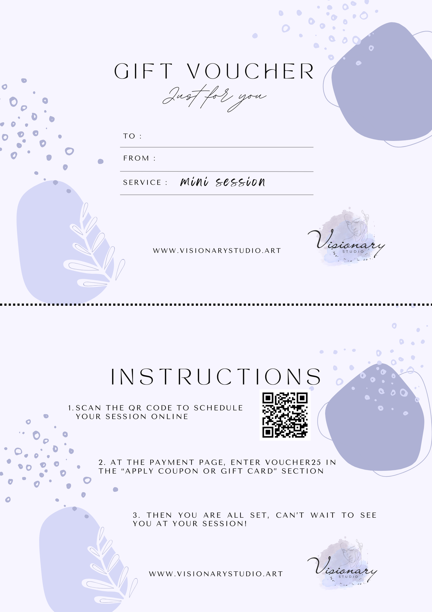 Purple and white gift voucher for a mini photography session from Visionary Studio with QR code.