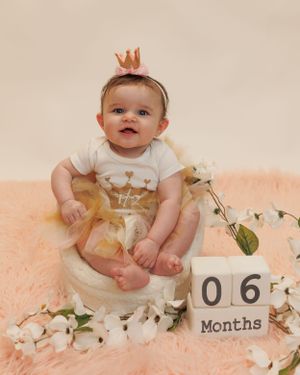 Baby in white outfit with crown sitting on peach background with 6 month milestone blocks and floral decorations.