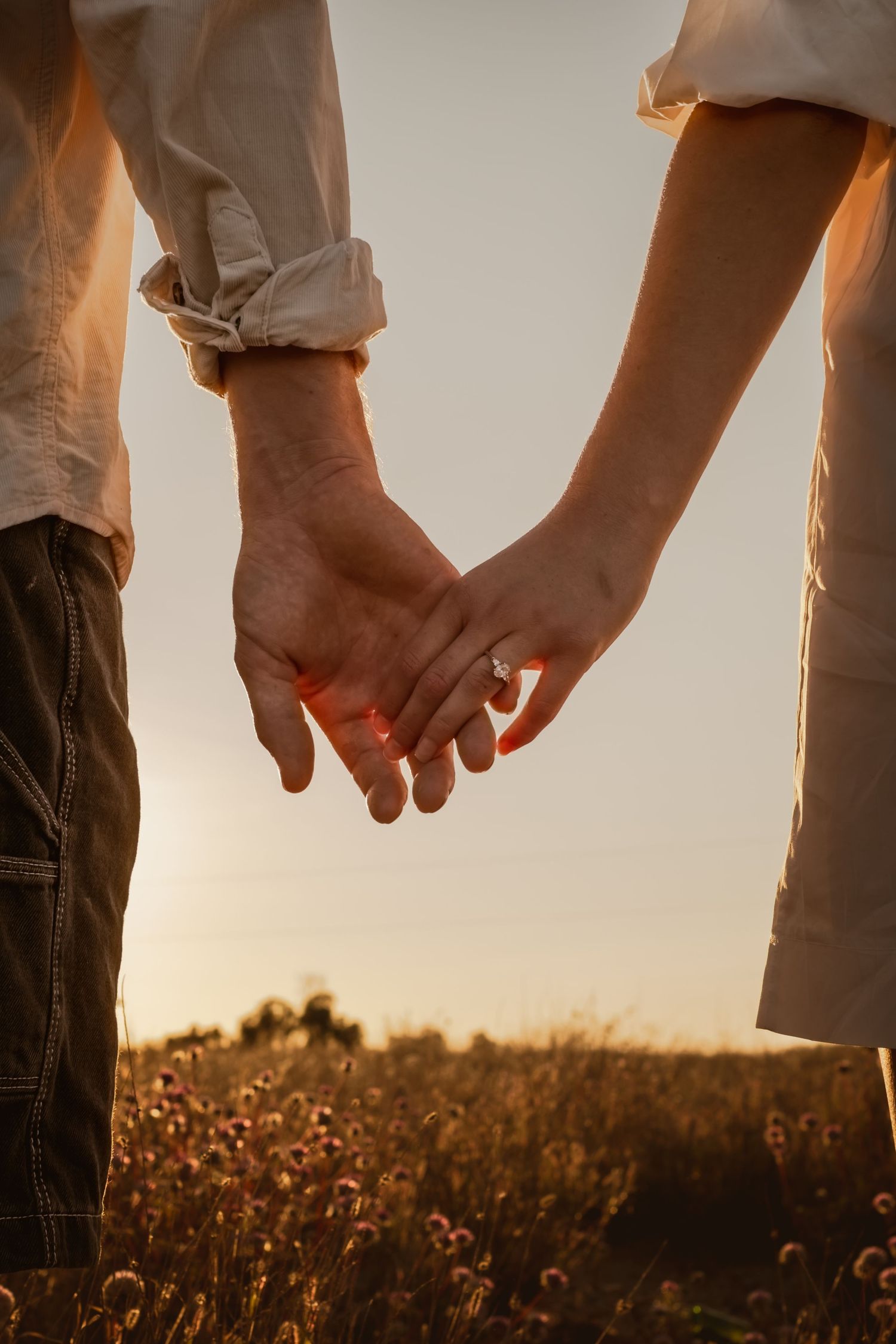 Close-up of hands reaching toward each other in a wildflower field at sunset.