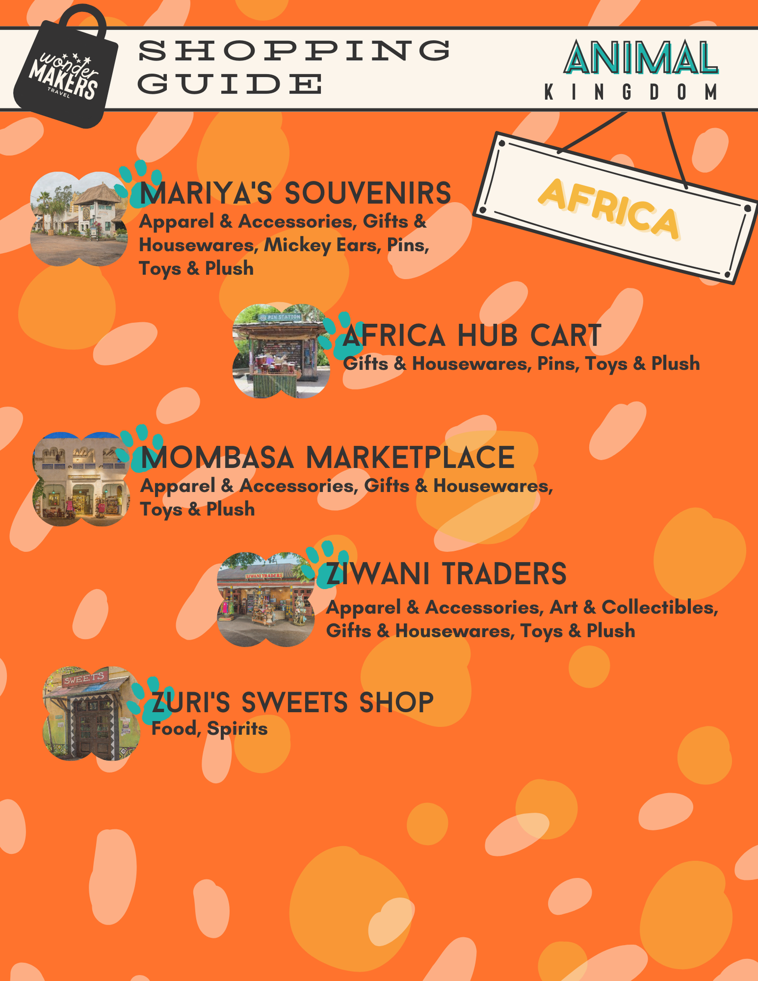 Shopping guide displaying African-themed retail locations and market stalls in Animal Kingdom.