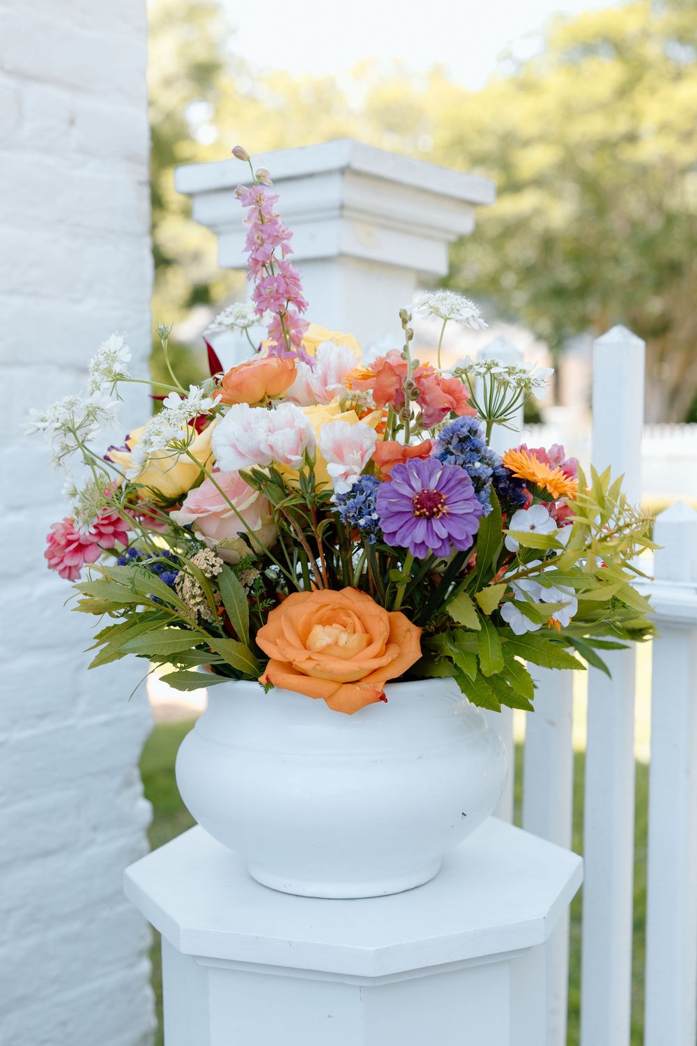 Floral arrangements outside of Old Christ Church for a wedding in Pensacola
