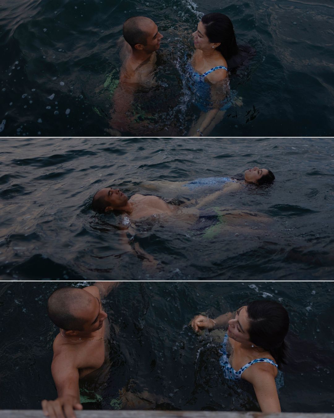 Couple swimming together in a lake at dusk, captured in an unposed, cinematic storytelling session. Immersed in water, floating. Kingston On