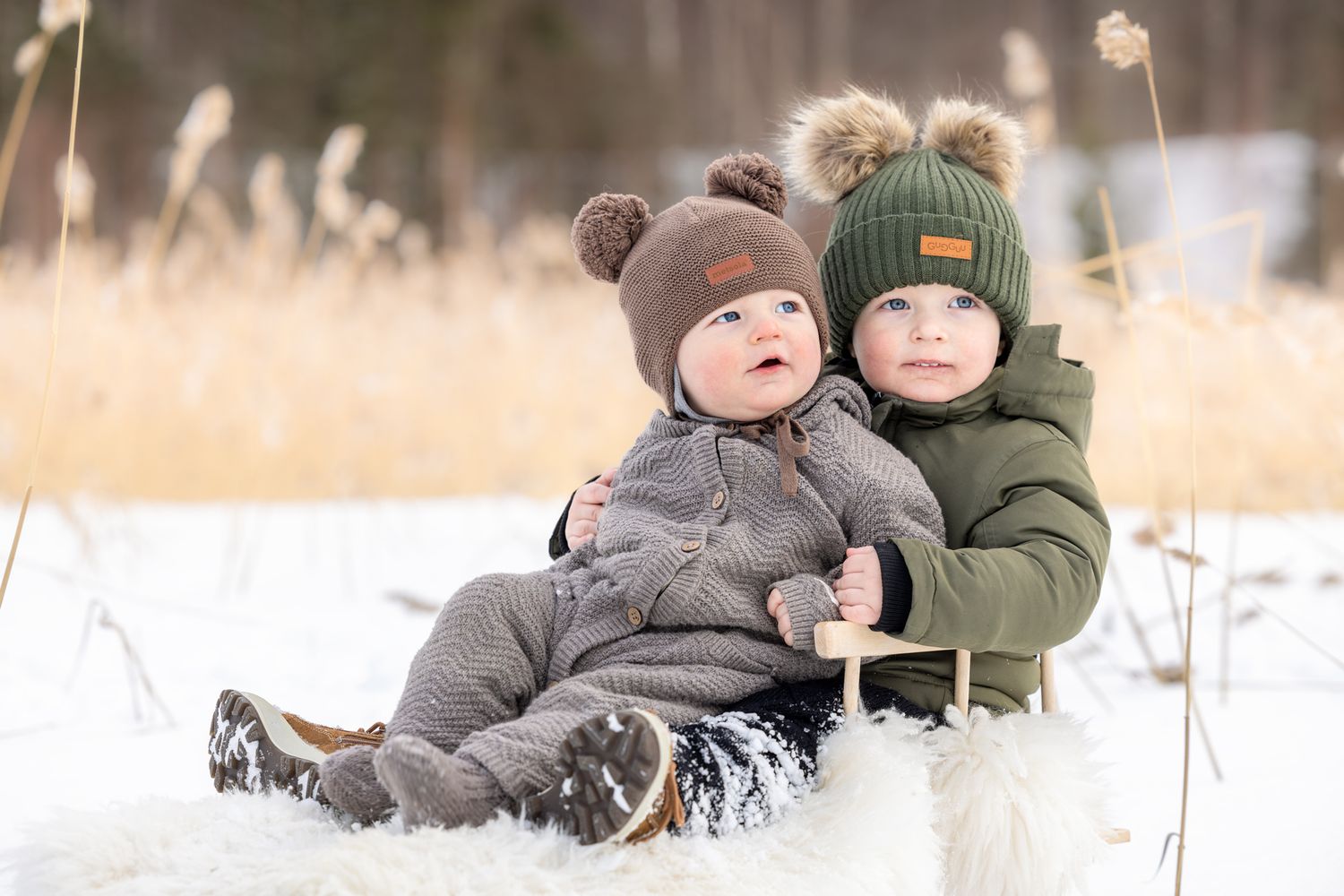 Two young children in winter hats and coats sitting on a sled in the snow during a sunny winter day.