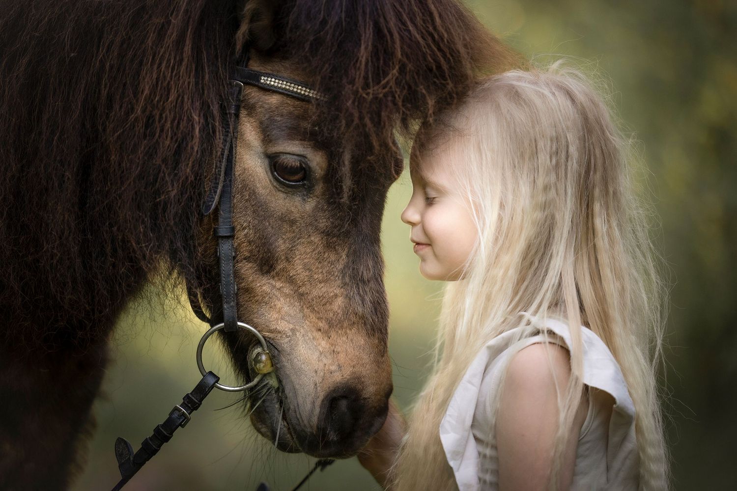 A young blonde girl in a white dress gently nuzzles a brown horse wearing a bridle outdoors.