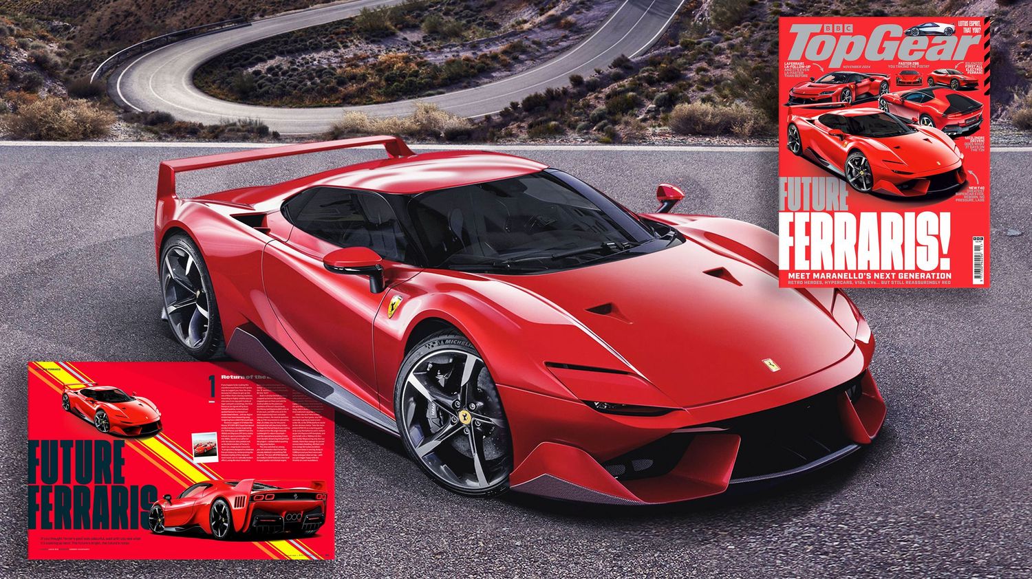 Sleek red Ferrari hypercar concept renders displayed alongside design sketch and magazine cover on red background.