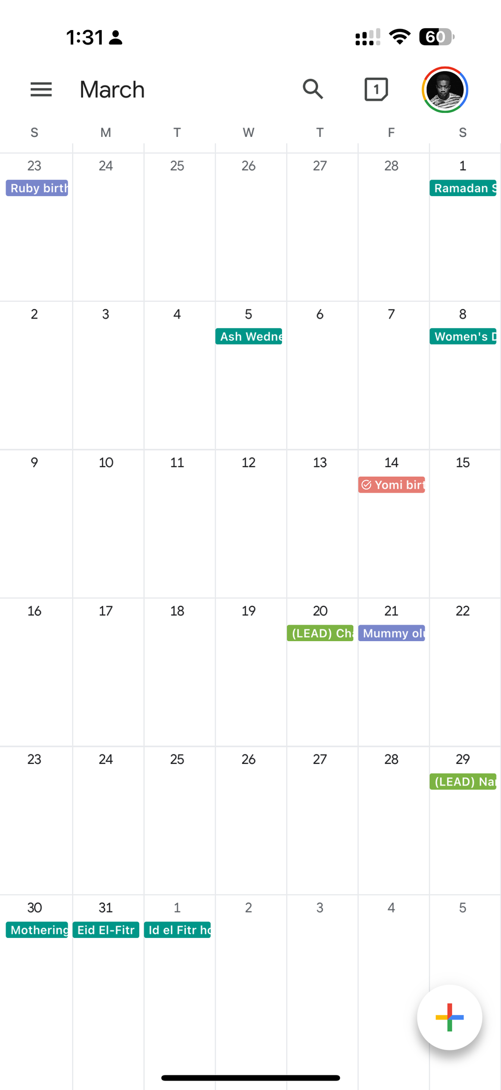 Calendar app interface showing March month view with various colored event markers and a plus button at the bottom.