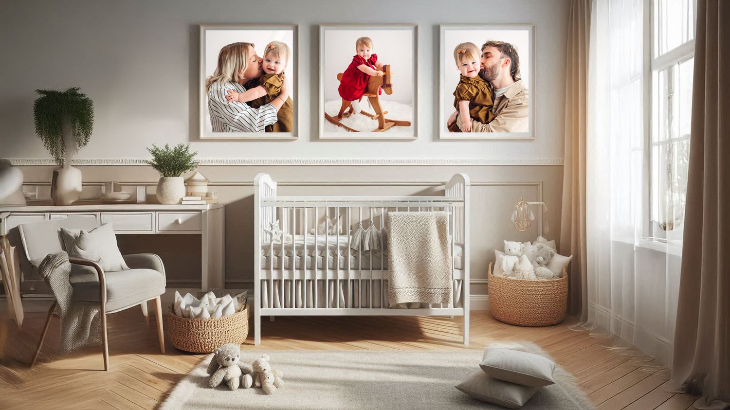 An image of a baby's crib with three photos on the wall above. Photos of the toddler with her parents -  photographed by Verity Photography.