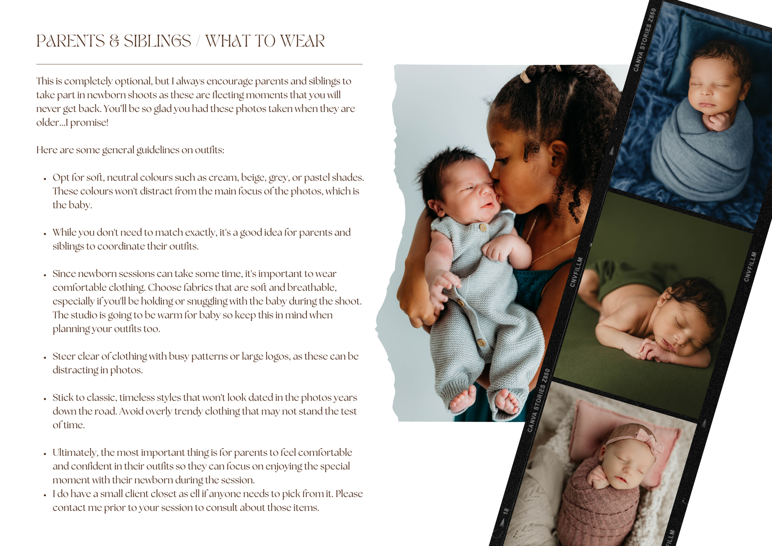 Informational page about newborn photography session preparation with sample photos.