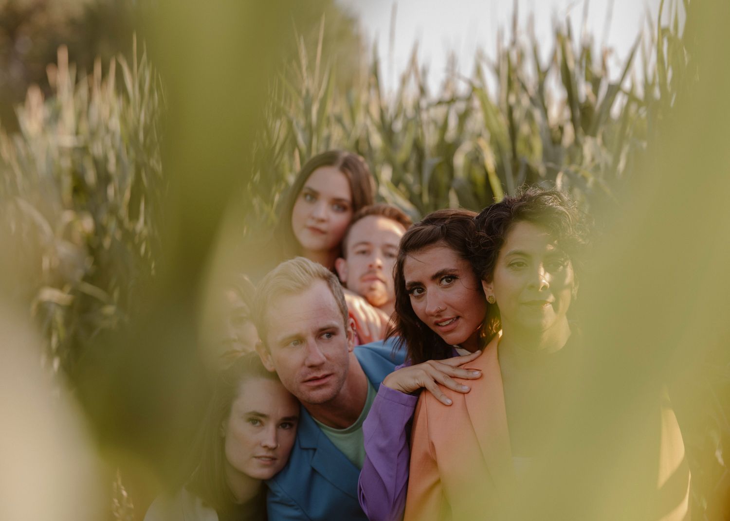 Family peeking through cornfield stalks in an artistic portrait composition.